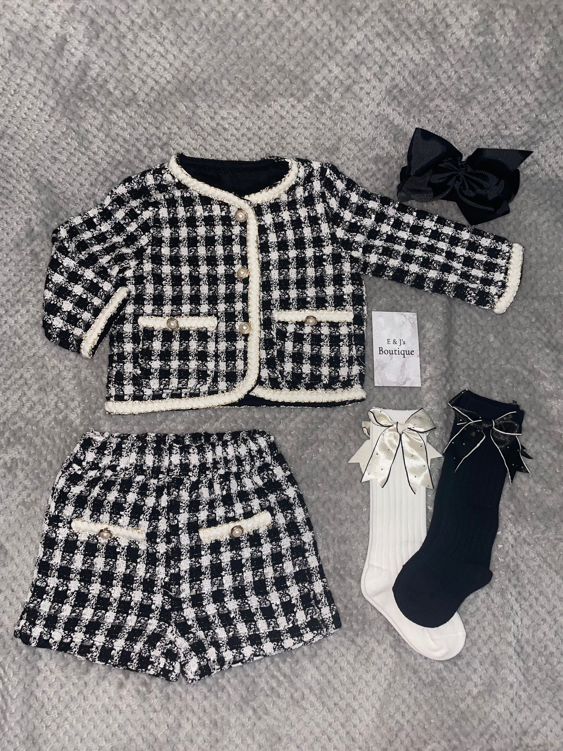 Girls Black Tweed 5pc Shorts Set